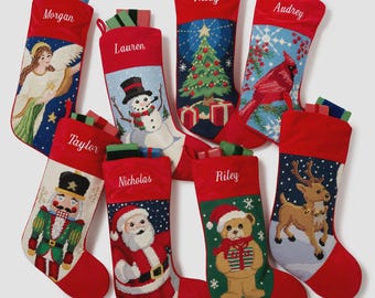 Personalized Needlepoint Christmas Stocking – Embroidered Wool – Velvet Cuff