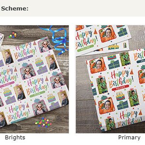 K&ouml;nnte beinhalten: Zwei Beispiele f&uuml;r Geschenkpapier mit einem farbenfrohen Geburtstagsthema. Das Papier zeigt ein sich wiederholendes Muster aus Geburtstagstorte, Partyhut, Geschenkbox und Kindergesicht. Der Text "Happy Birthday!" wird im gesamten Muster wiederholt. Das erste Beispiel zeigt leuchtende Farben, w&auml;hrend das zweite Beispiel Prim&auml;rfarben zeigt.
