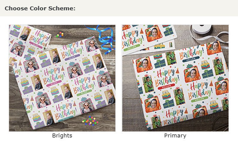 K&ouml;nnte beinhalten: Zwei Beispiele f&uuml;r Geschenkpapier mit einem farbenfrohen Geburtstagsthema. Das Papier zeigt ein sich wiederholendes Muster aus Geburtstagstorte, Partyhut, Geschenkbox und Kindergesicht. Der Text "Happy Birthday!" wird im gesamten Muster wiederholt. Das erste Beispiel zeigt leuchtende Farben, w&auml;hrend das zweite Beispiel Prim&auml;rfarben zeigt.