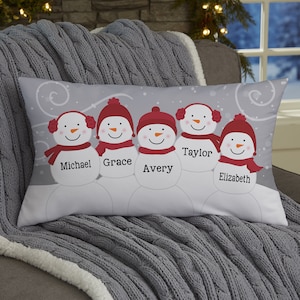 Personalized Snowman Family Lumbar Pillow – Custom Christmas Home Decor