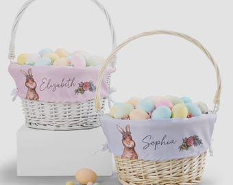 Personalized Girl's Easter Bunny Basket – Custom Kids Easter Basket – Embroidered Name Easter Egg Hunt Basket – Floral Easter Bunny Basket
