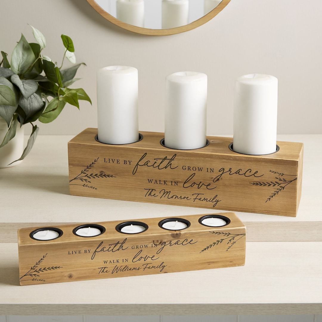 Live by Faith Personalized Wood Candle Holder, Table Centerpiece