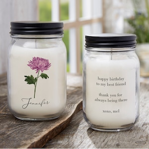 Birth Month Flower Personalized Farmhouse Candle Jar, Custom Candle, Gifts for Her, Flower Candle, Birth Flower Candle, Birthday Gift