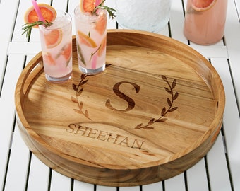 Laurel Initial Wooden Round Serving Tray, Personalized Home Decor, Personalized Housewarming Gifts, Newlywed Gifts