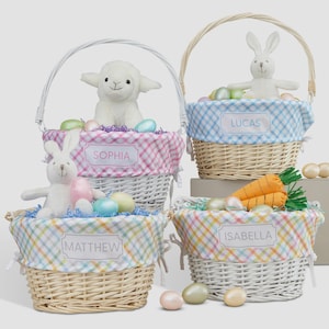 Personalized Rainbow Pattern Easter Basket – Custom Striped Wicker Easter Basket – Embroidered Easter Egg Hunt Basket for Kids