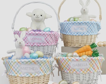 Personalized Rainbow Pattern Easter Basket – Custom Striped Wicker Easter Basket – Embroidered Easter Egg Hunt Basket for Kids