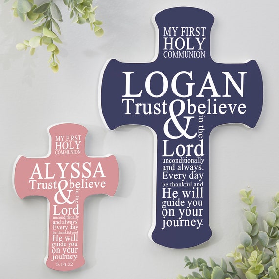 Personalized 1st Holy Communion Wall Cross - Jesus Loves Me Pink / 4 x 6