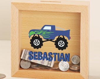 Construction & Monster Trucks Personalized Bank, Gifts for Him, Gifts for Her, Children's Gifts, Kid's Gifts, Wooden Banks, Wood Bank, Money