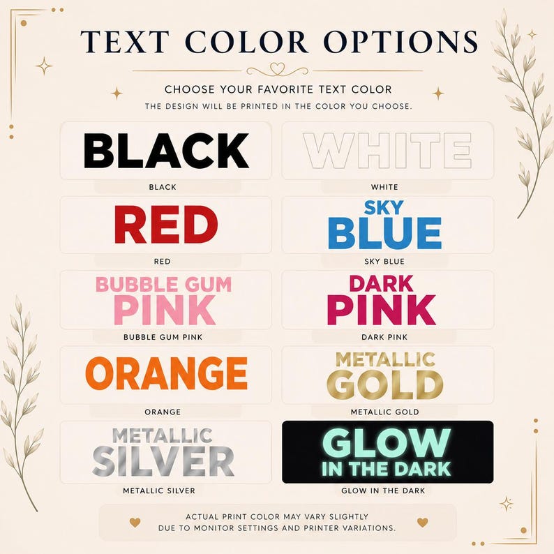 Pu&ograve; includere: Grafica che mostra le opzioni di colore del testo, tra cui nero, bianco, rosso, blu cielo, rosa bubble gum, rosa scuro, arancione, oro metallizzato, argento metallizzato e glow in the dark. Il testo recita "OPZIONI COLORE TESTO".