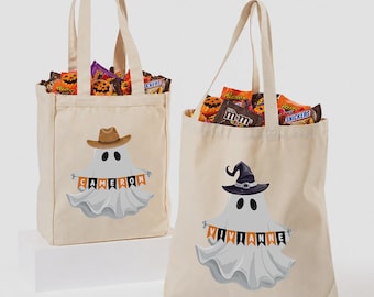 Personalized Halloween Canvas Tote Bag – Custom Ghost Trick or Treat Bag for Kids – Children's Spooky Halloween Candy Bag