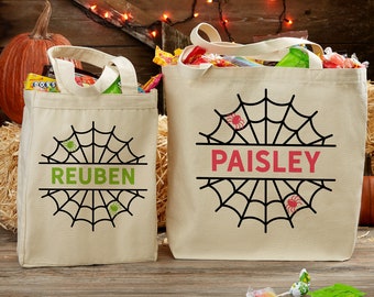 Halloween Spider Web Personalized Canvas Tote Bag, Personalized Trick or Treat Bag, Personalized Halloween Bags, Custom Halloween