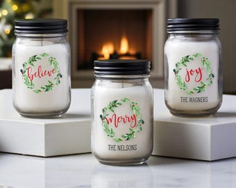 Personalized Farmhouse Candle Jar – Custom Holiday Candle – Rustic Christmas Decor – Scented Soy Candle Gift