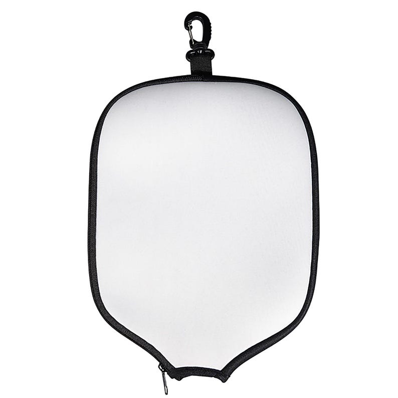May include: White blank paddle with a black zipper and a black clip at the top. The paddle is made of a soft, flexible material.