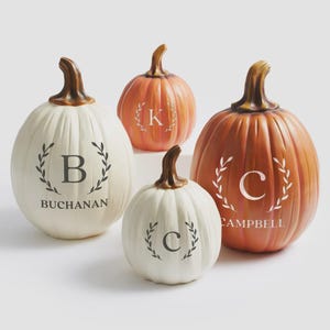 May include: Four decorative pumpkins in orange and white with brown stems. Each features a letter and a laurel wreath design. The white pumpkins are labeled B BUCHANAN and C, while the orange pumpkins are labeled K and C CAMPBELL.