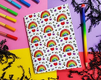 Happy Rainbows & Hearts Notebook, Cute Handmade Notebook, Colorful Journal Rainbow, Positive Vibes, Bullet Journal, Bujo Journaling Gift