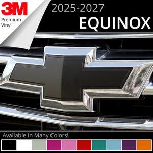 May include: A matte black vinyl emblem overlay for a Chevrolet Equinox front grille, compatible with 2025-2027 models. The product features 3M premium vinyl material and is displayed with a color palette showing various available color options.