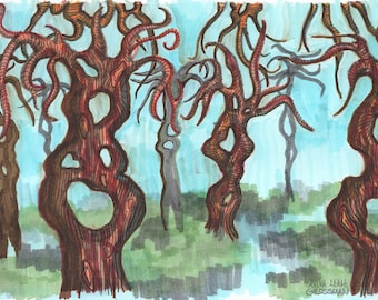 Blue Woods Original Marker Drawing - trees, grass, landscape, wood grain, nature, art, surreal, fantasy, illustration, design
