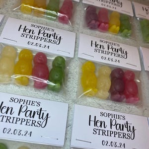 May include: A set of small clear plastic bags with colorful candy and a white card with black text that reads "Sophie's Hen Party Strippers 02.03.24".