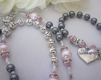 Girl Silver Grey and Pink Personalized Name Rosary, Bracelet Set for Baptism, Christening, Communion, Initial Bracelet, God Daughter Gift