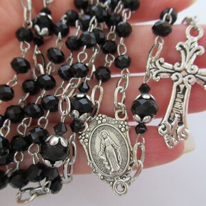 Communion de baptême en verre à facettes noires, 5, Rosaire de cinq décennies, Don religieux, Catholique, Spirituel, Rosaire, Perles de prière