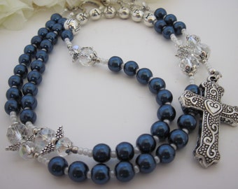 Navy Angel Pearl Custom Name Rosary, Catholic Rosary Beads, Battesimo, Comunione di Cristo, Conferma, Figlio, Dono Figlioccio