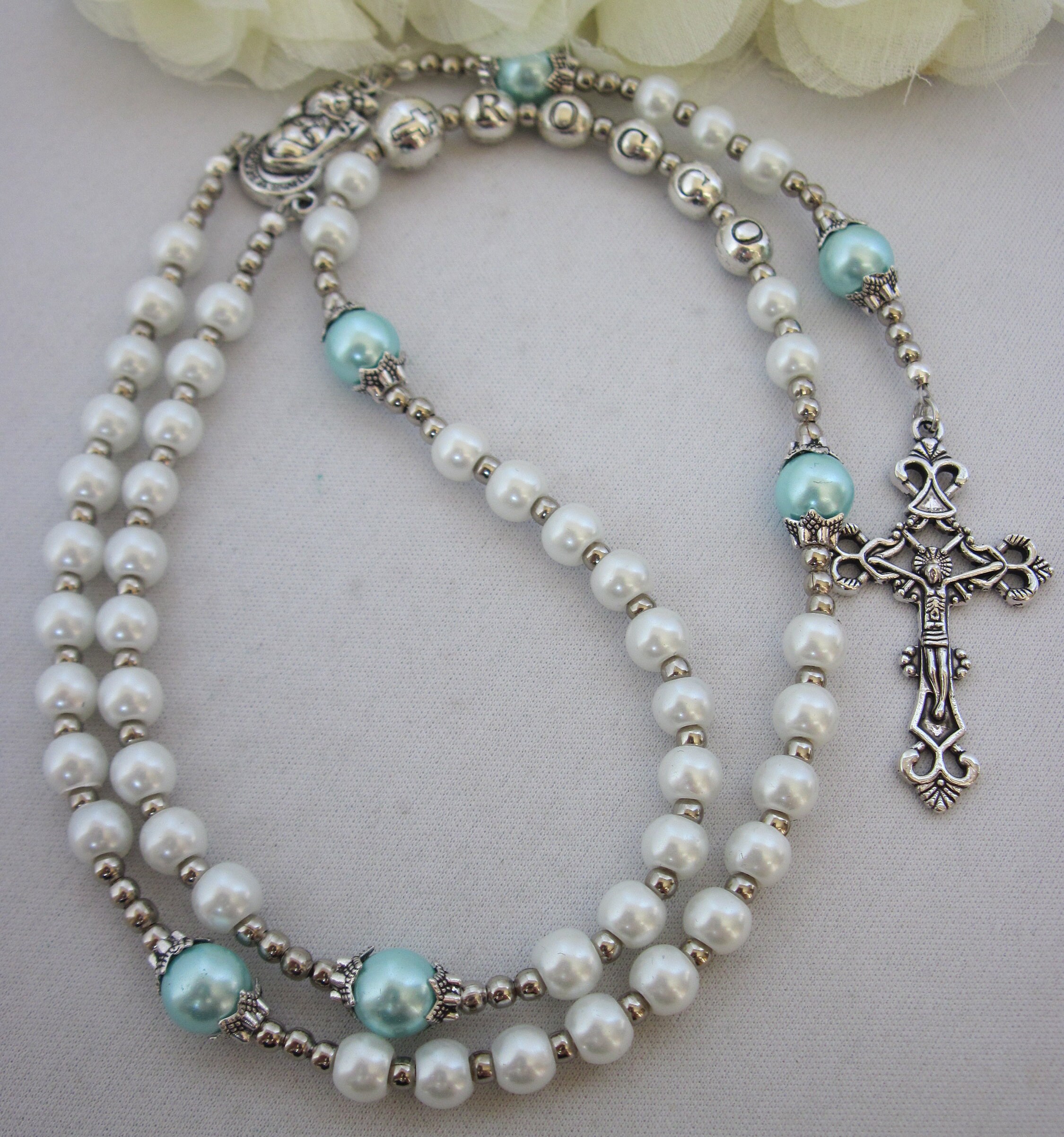 Baby Boy White Blue Personalized Custom Name Rosary, Catholic Rosary Beads, Baptism, Christening Communion Confirmation Godson Godchild Gift