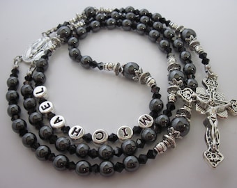 Boy Masculine Hematite Black Personalized Custom Name Rosary, Catholic Rosary Beads, Baptism, Communion, Confirmation, Godson, Godchild Gift