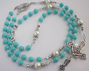 Turquoise and White Glass Pearl Personalized Rosary, Girls, Ladies Baptism Communion Confirmation Christening Name Rosary, Rosary Beads