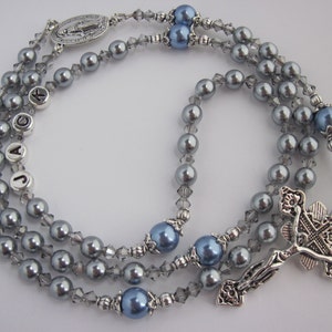 Silver and Blue Pearl Accent Personalized Rosary, Male, Boy, Men&#39;s Baptism Communion Confirmation Christening Name Rosary, Rosary Beads