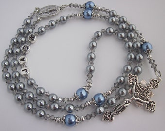 Silver and Blue Pearl Accent Personalized Rosary, Male, Boy, Men's Baptism Communion Confirmation Christening Name Rosary, Rosary Beads