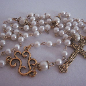 Pearl Gold Rosary 5, Five Decade Rosary, Baptism, Communion, Confitmation, Religious Gift, Catholic, Spiritual, Rosary, Prayer Beads