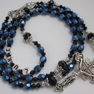 Navy Blue Czech Fire Polished Personalized Rosary, Male, Boy, Men&#39;s Baptism Communion Confirmation Christening Name Rosary, Rosary Beads