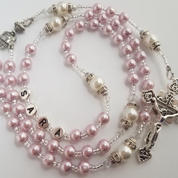 Girl Flamingo Pink Purple  and White Pearl Personalized Rosary, Ladies Baptism Communion Confirmation Christening Name Rosary, Rosary Beads