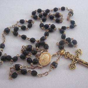 Gold Black Faceted Glass, 5, Five Decade Rosary, Religious Gift, Catholic, Spiritual, Rosary, Prayer Beads