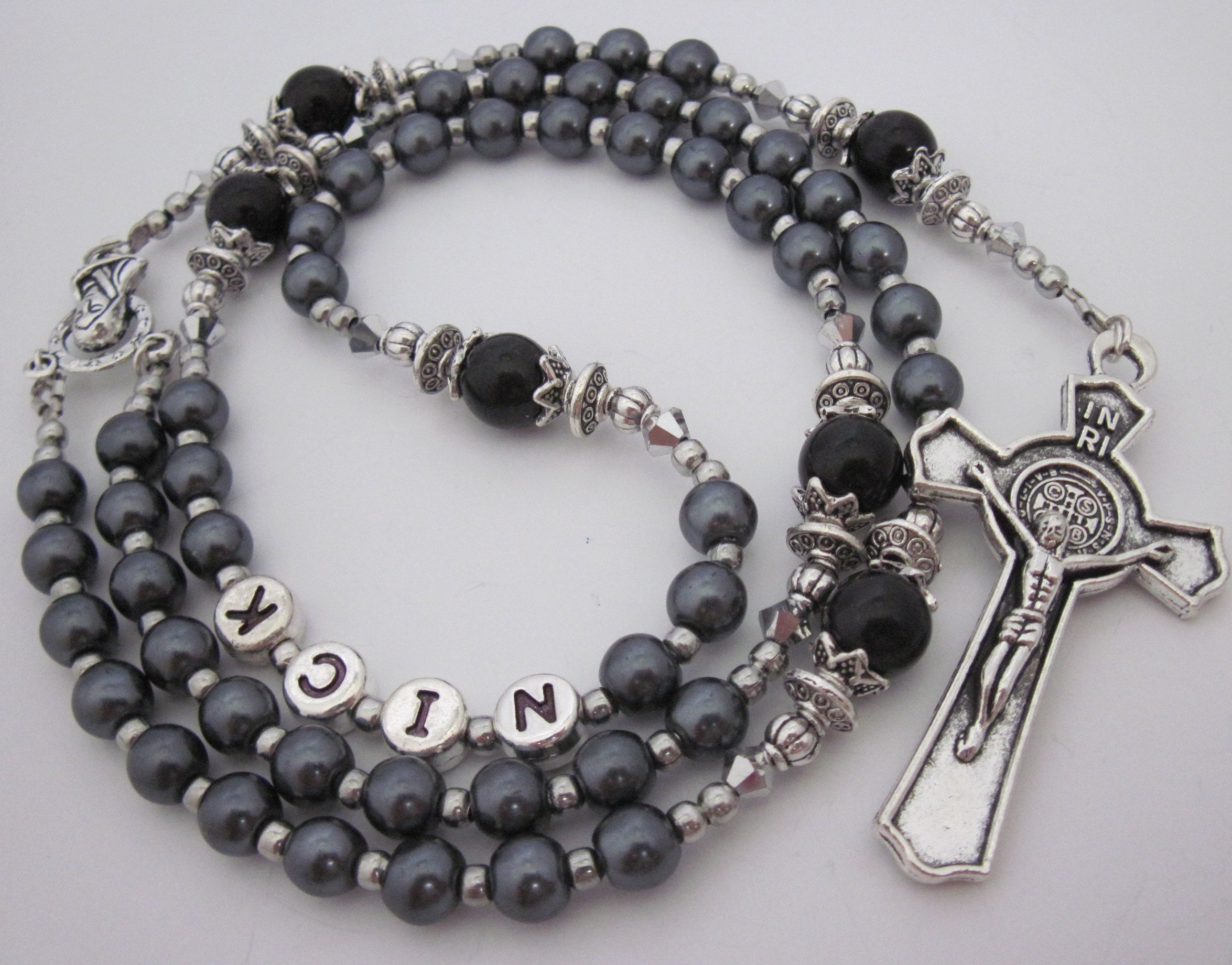 Dark Gray Silver Black Czech Pearl Personalized Rosary, Male, Boy Dark Gray Silver Black Czech Pearl Personalized Rosary, Male, Boy