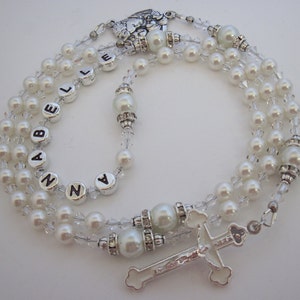 Girl Swarovski Crystal White Pearl Personalized Rosary, Bridal Bouquet, Baptism Communion Confirmation Christening Name Rosary, Rosary Beads