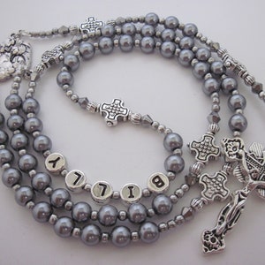 Silver Pearl, Cross Accent Personalized Rosary, Male, Boy, Mens Baptism Communion Confirmation Christening Name Rosary, Rosary Beads