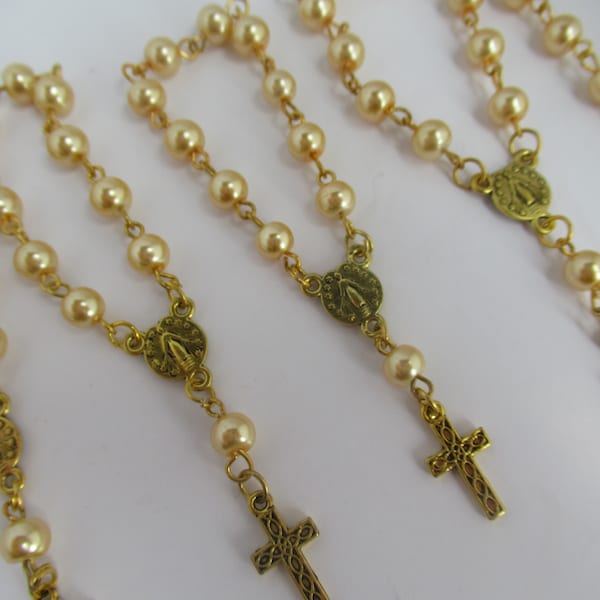 25 Gold Pearl Mini Rosary Favors, Mini Rosaries for Baptism, Christening, First Communion, Car Pocket Rosary Gift
