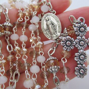 White, Tan, and Peach Faceted Glass Baptism Communion, 5, Five Decade Rosary, Religious Gift, Catholic, Spiritual, Rosary, Prayer Beads