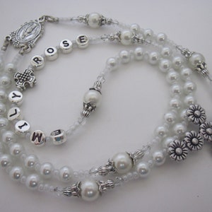 Baby Girls White Pearl Personalized Custom Name Rosary, Rosary Beads Crystal Baptism Christening Communion Confirmation Goddaughter Gift