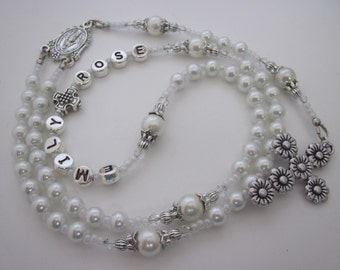 Baby Girls White Pearl Personalized Custom Name Rosary, Rosary Beads Crystal Baptism Christening Communion Confirmation Goddaughter Gift