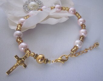 Femanine Gold, Pink Pearl Traditional Rosary Bracelet, Mother's Day Gift, Single Decade Bracelet, Ready to Ship