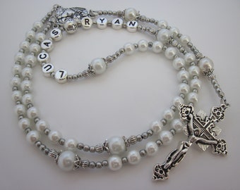 Baby Boy White Personalized Custom Name Rosary, Catholic Rosary Beads, Baptism, Christening, Communion, Confirmation, Godson Godchild Gift