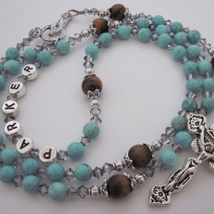 Turquoise and Tiger Eye Gemstone Personalized Rosary, Girls, Ladies Baptism Communion Confirmation Christening Name Rosary, Rosary Beads