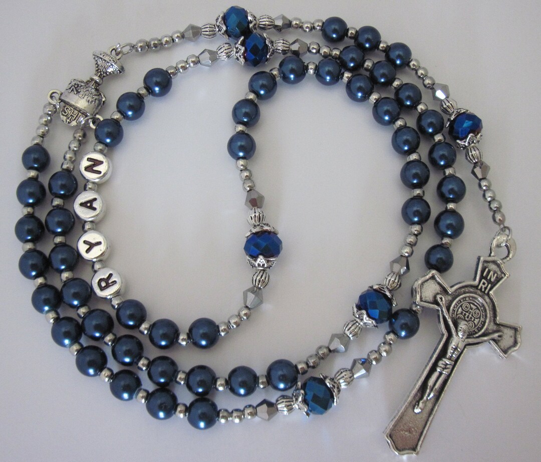 Navy Blue Pearl Personalized Rosary Beads Male Boy Mens Etsy Canada