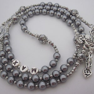 Silver Czech Glass Pearl Personalized Rosary, Male, Boy, Mens Baptism Communion Confirmation Christening Name Rosary, Rosary Beads
