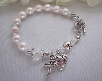 Girl's Pink First Communion Rosary Bracelet, Baptism, Confirmation Bracelet Soft Pink Pearl, Swarovski Crystal, Gift for Her, Communion Gift