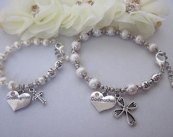 Godmother, Goddaughter Freshwater Pearl Rosary Bracelet Set Gift for Baptism, Godparents Gift, Will you be my Godparents?