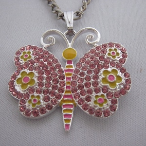 Pink Rhinestone Butterfly Pendant Necklace, Birthstone, Personalized, Charms, Pendant, Gift