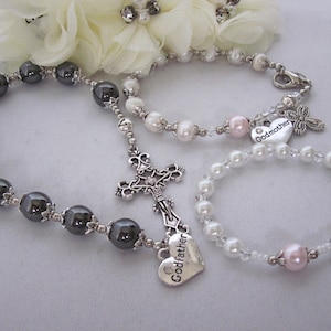 Godmother, Godfather and Goddaughter Rosary Bracelet Trio Hematite Chaplet Set Gift for Baptism, Godparents Gift, Will you be my Godparents?